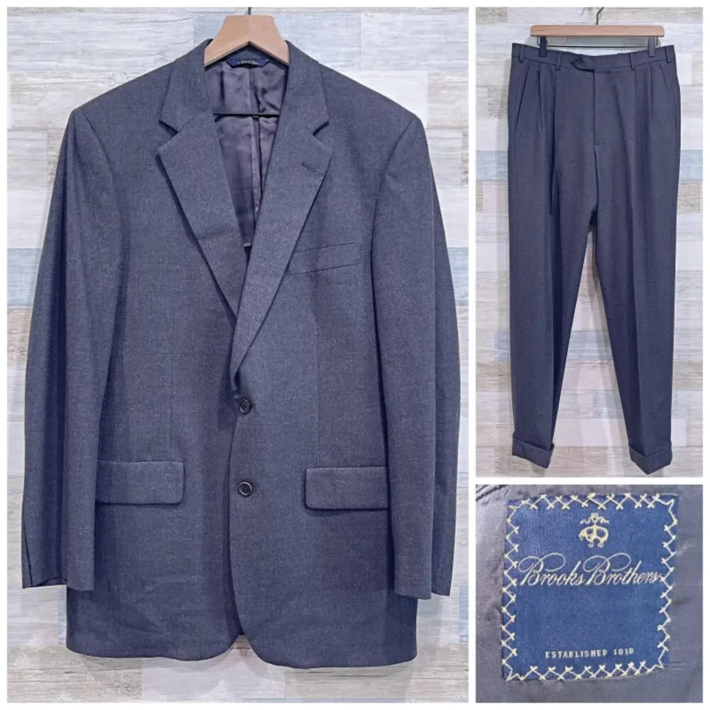 Brooks Brothers Stretch Flannel Wool Suit Gray Two Button Mens 42L 34x32 Pleated